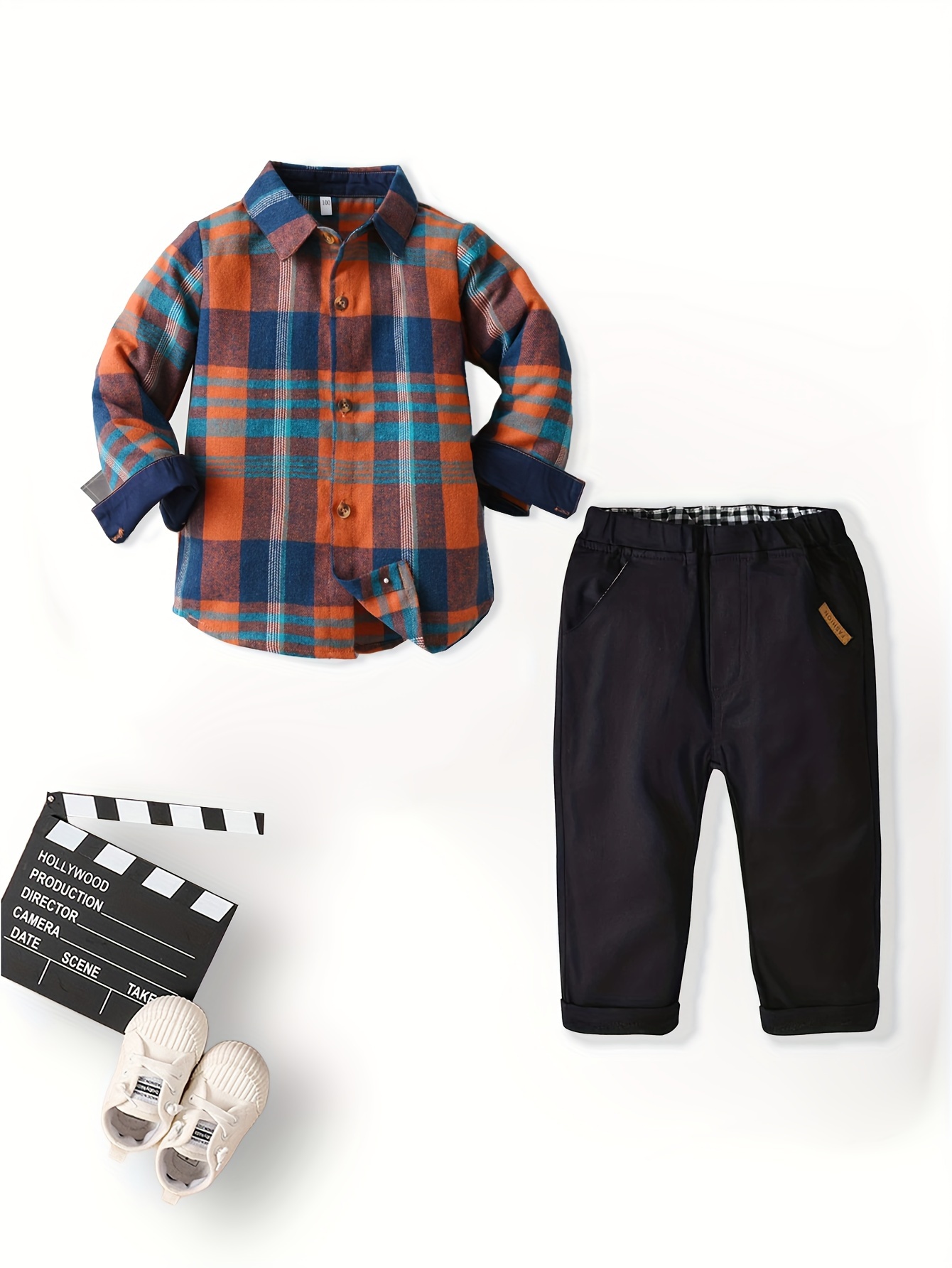 2pcs Kid Boy Colorblock Plaid Lapel Collar Short-sleeve Shirt and Elasticized Dark Blue Pants set