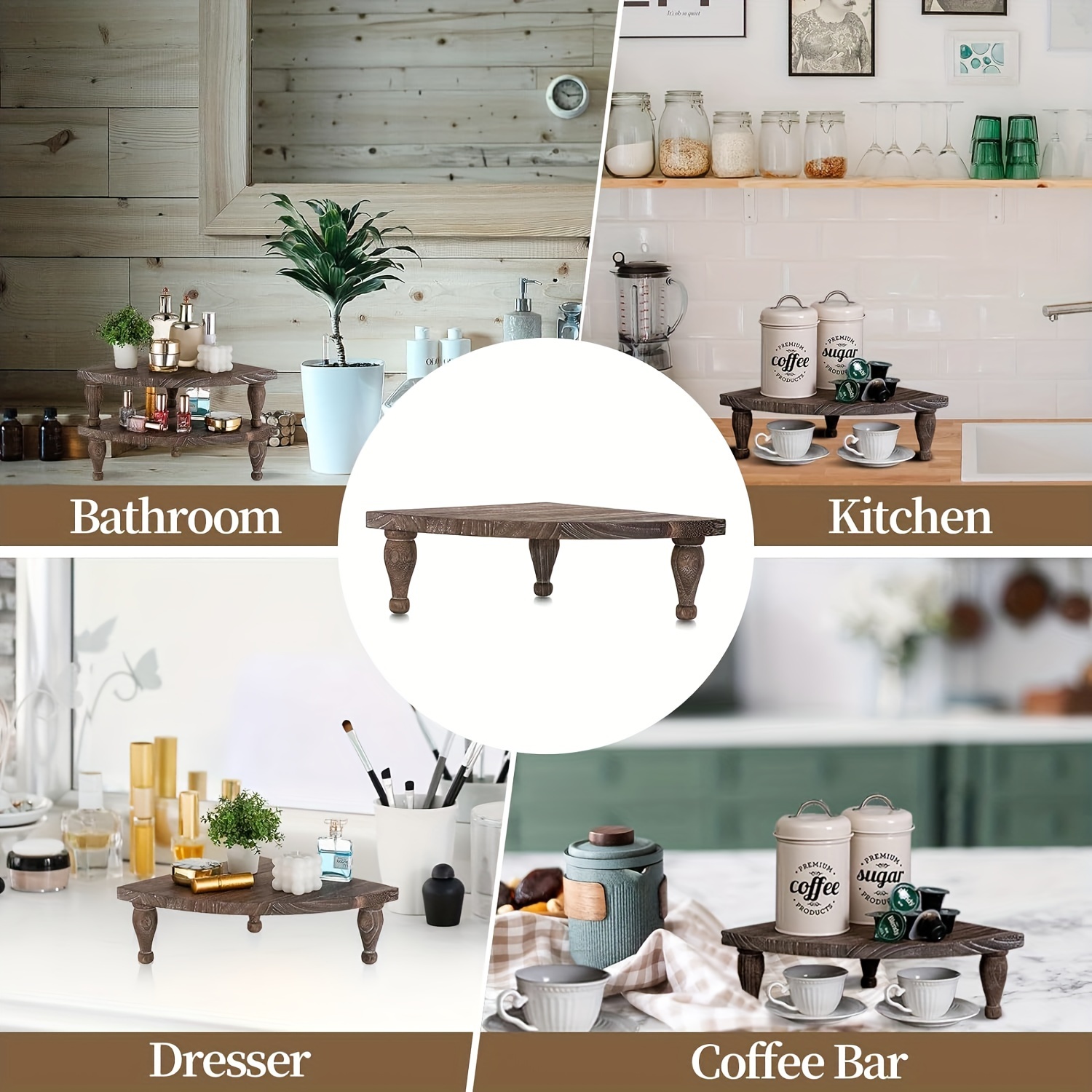 Lignorum Farmhouse Bathroom Counter Organizer,Wood Rustic Pedesta Corner Shelf, Vintage Rustic Wood Bathroom Decor,2 Tier Tray Riser for Coffee Bar