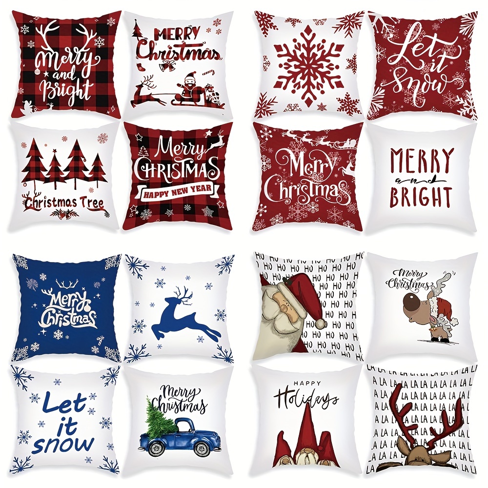 

1/4pcs Christmas Snowflake Elk White Beard Santa Claus Black Red Plaid English Alphabet Printed Pillowcase 18"x18"