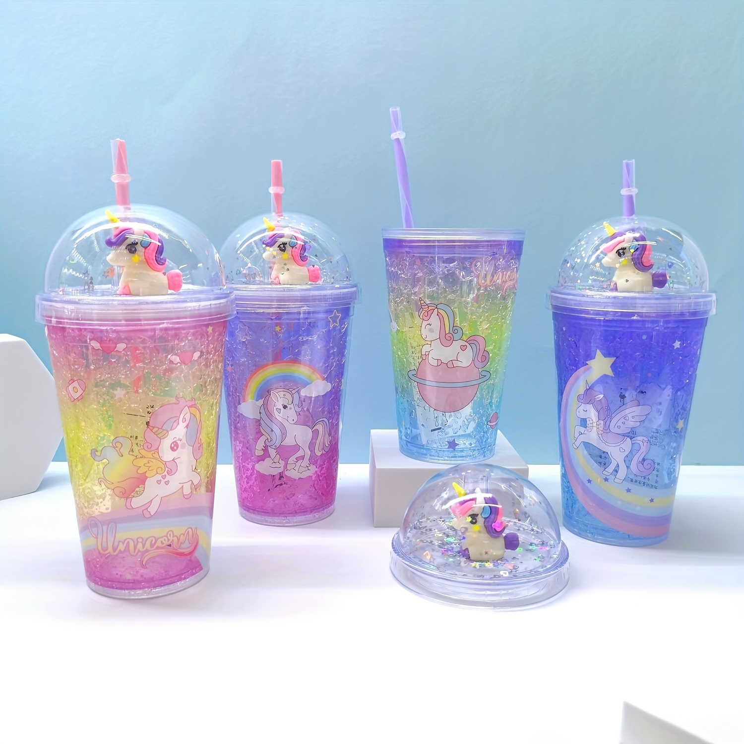 LED Unicorn Drinking Cup Mugs Straw Kids Travel Tumbler Watter