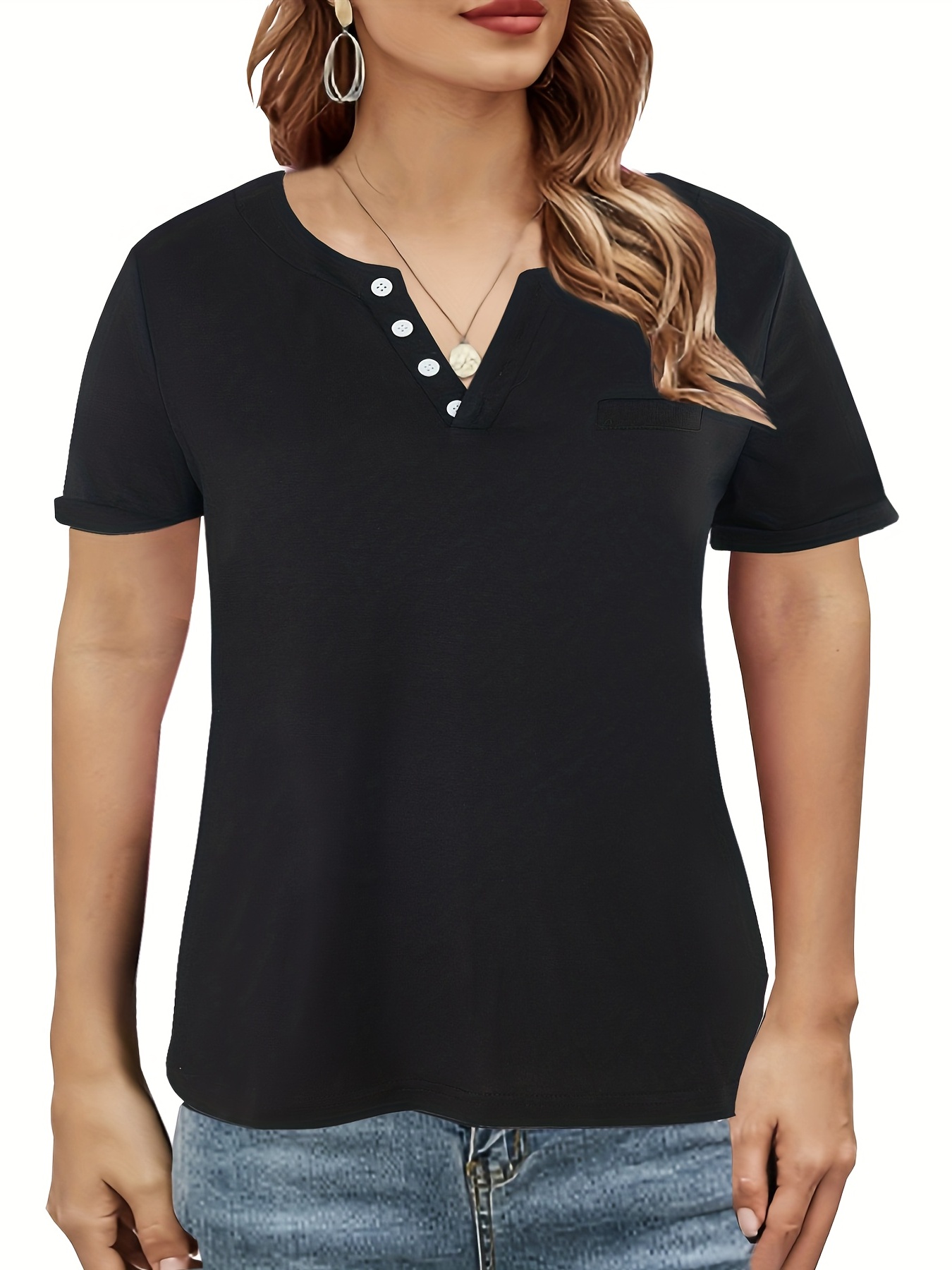 v neck button t shirt short sleeve solid t shirt casual every day tops womens clothing black 1 0