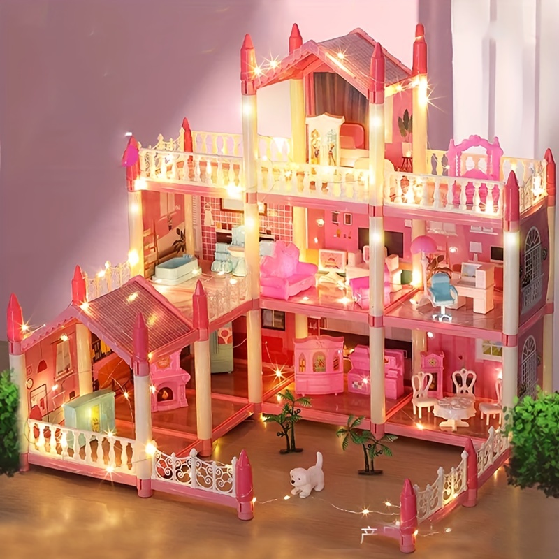 Ensemble de 9 pièces pour maison de poupée (poupée non incluse) Accessoires  de meubles multicouches Rose Bricolage Playhouse Building Toy Villa, adapté  aux filles âgées de 5 à 10 ans comme cadeau
