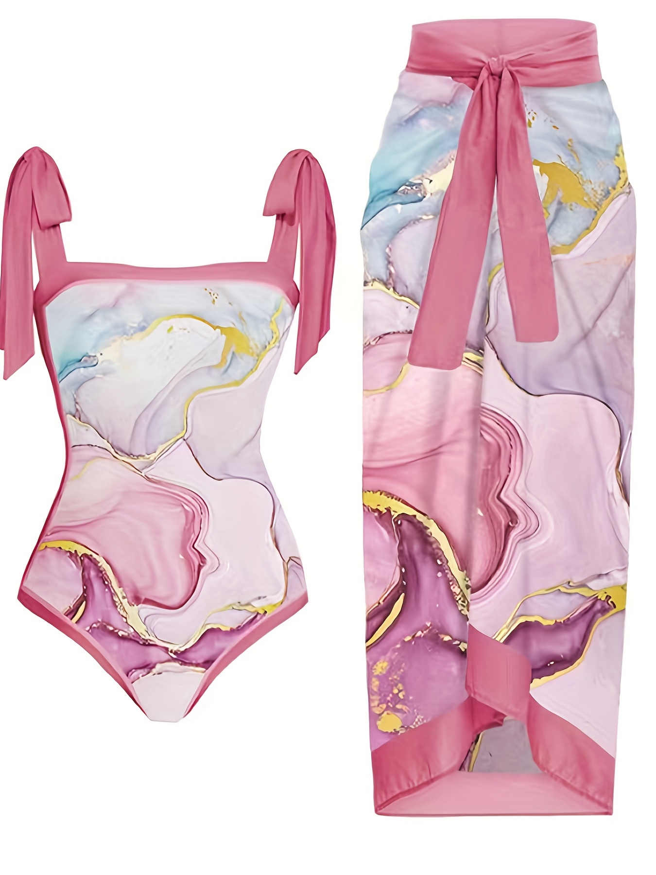 Marble Print Tie Shoulder Bodysuit & Knot Skirt Bathing Suit Set