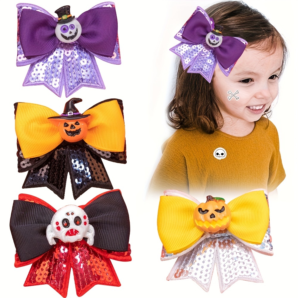 6pcs Girls Pumpkin Hat Bat Wings Decor Hair Clips, Funny Halloween Bow Hairpin,Temu
