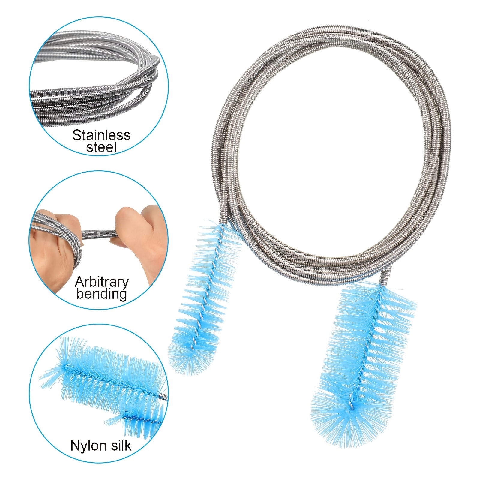 Flexible Drain Spring Double Head Hose Brush Stainless Steel Nylon