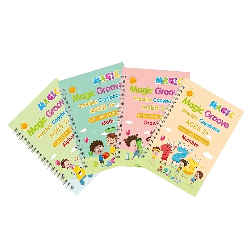 4 Pc Groove Learning Books for Kids,Magic Practice Copybook,Reusable  Grooved Handwriting Workbooks,Writing Book for Kids Age 3-5 Calligraphy