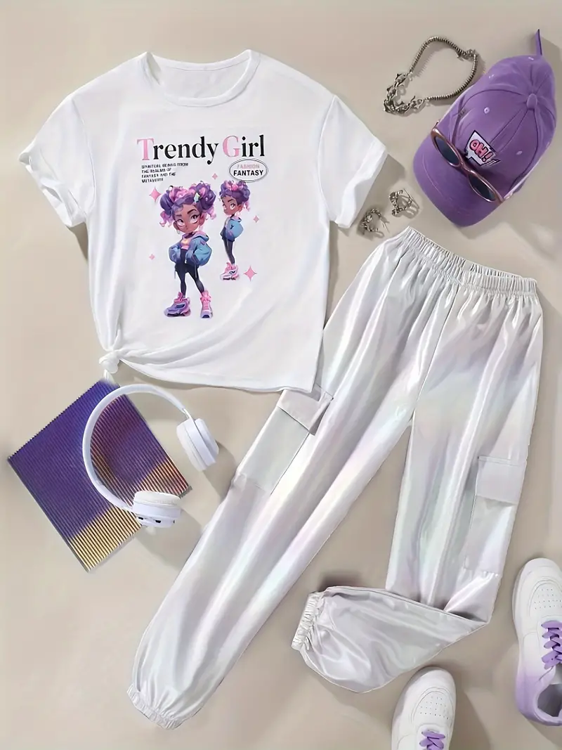 trendy cartoon girl graphic 2pcs girls short sleeve t shirt jogger pants set summer gift details 4