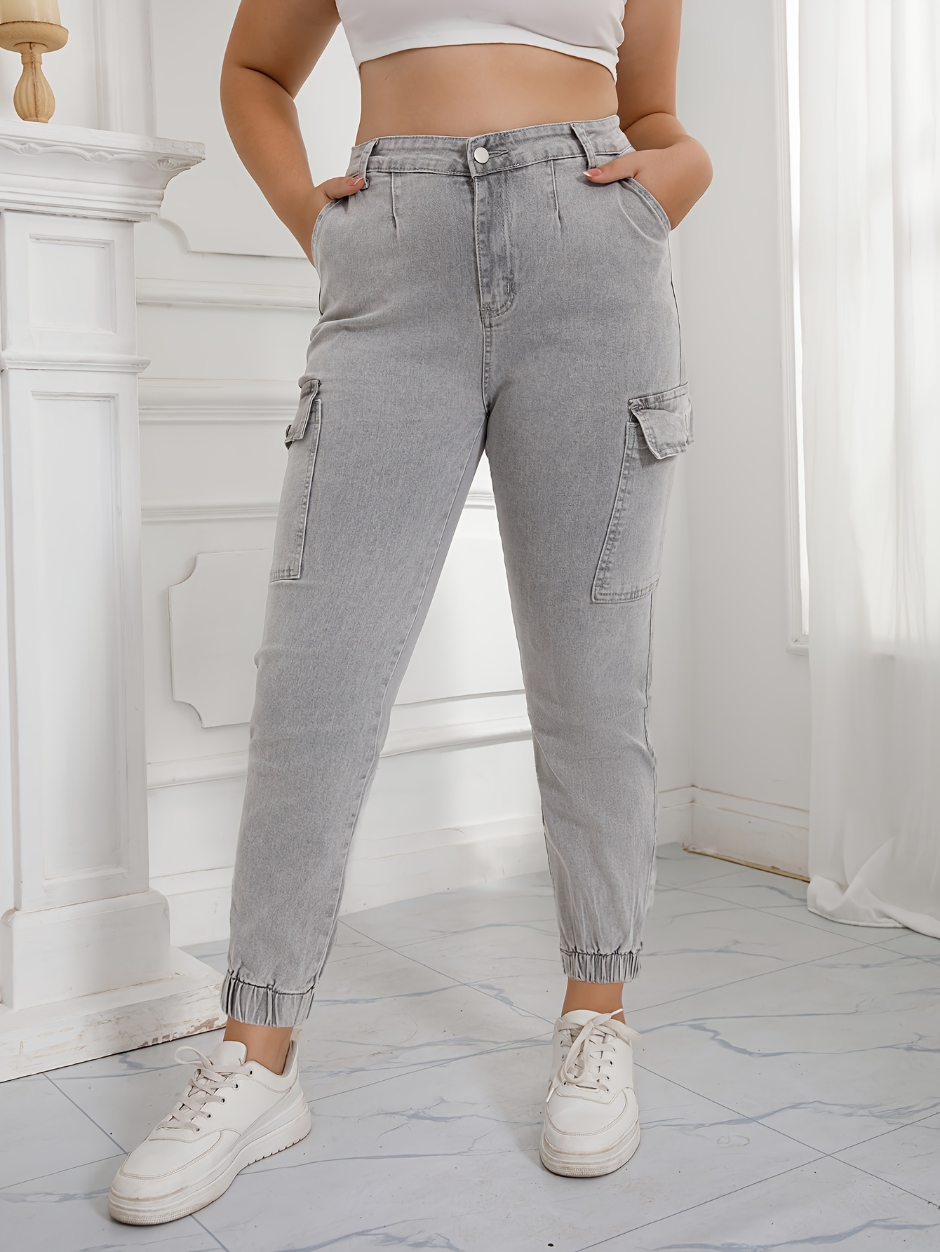  Jeans para mujer Pantalones de cintura alta con solapa