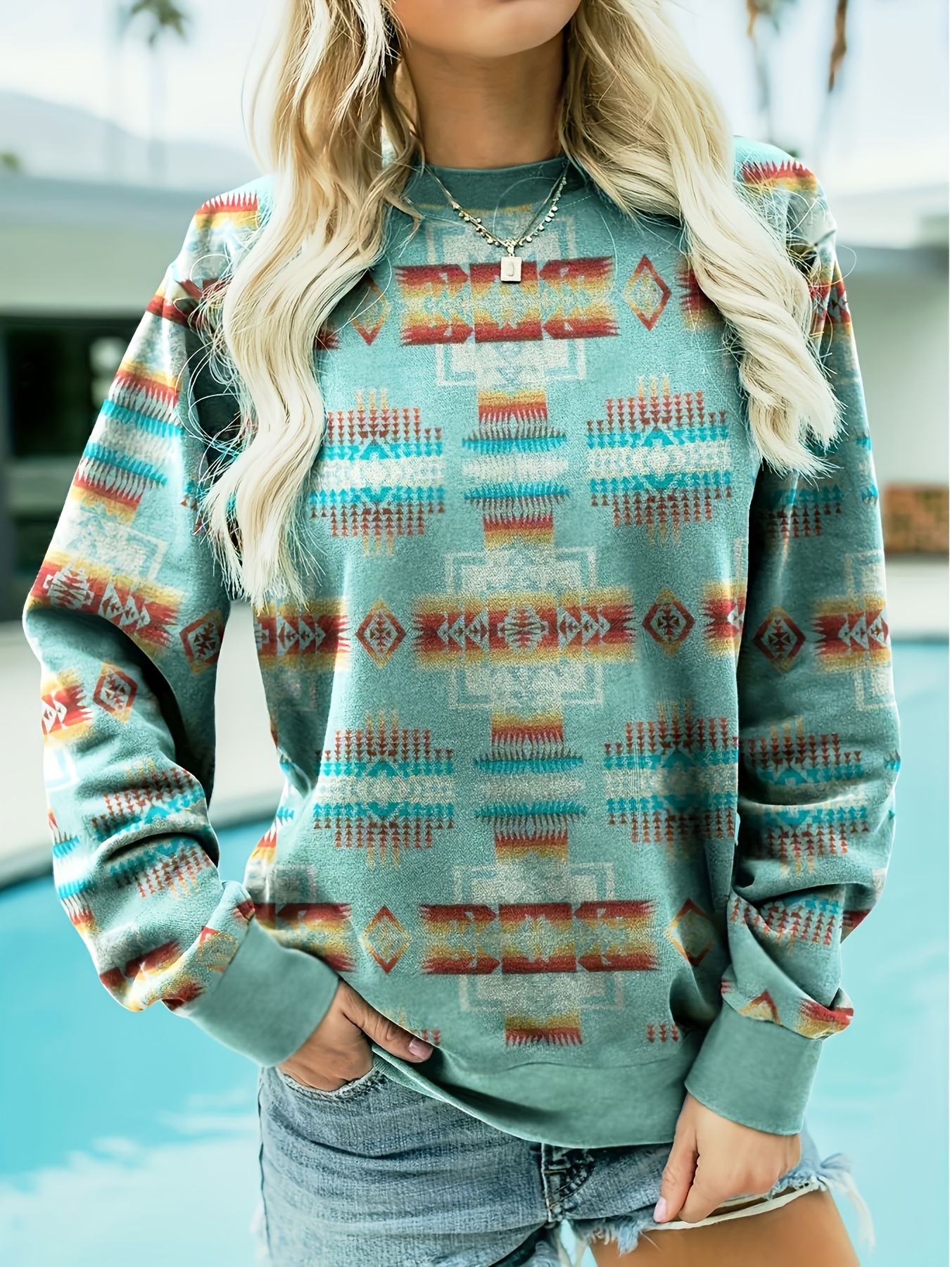Aztec Print Quarter Zip Loose Sweatshirt, Casual Long Sleeve Western Style  Sweatshirt, Women's Clothing