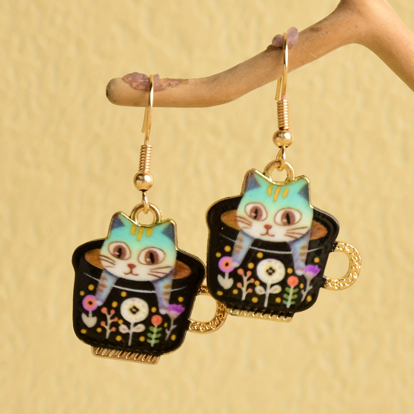 cute cat tea cup with flower print elegant dangle earrings zinc alloy jewelry trendy female gift 0