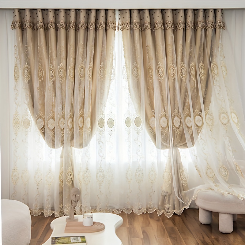 1 cortina de ventana de doble capa para dormitorio, sala de estar, bordado  de encaje blanco, cortina opaca de doble cubierta, superposición de tul
