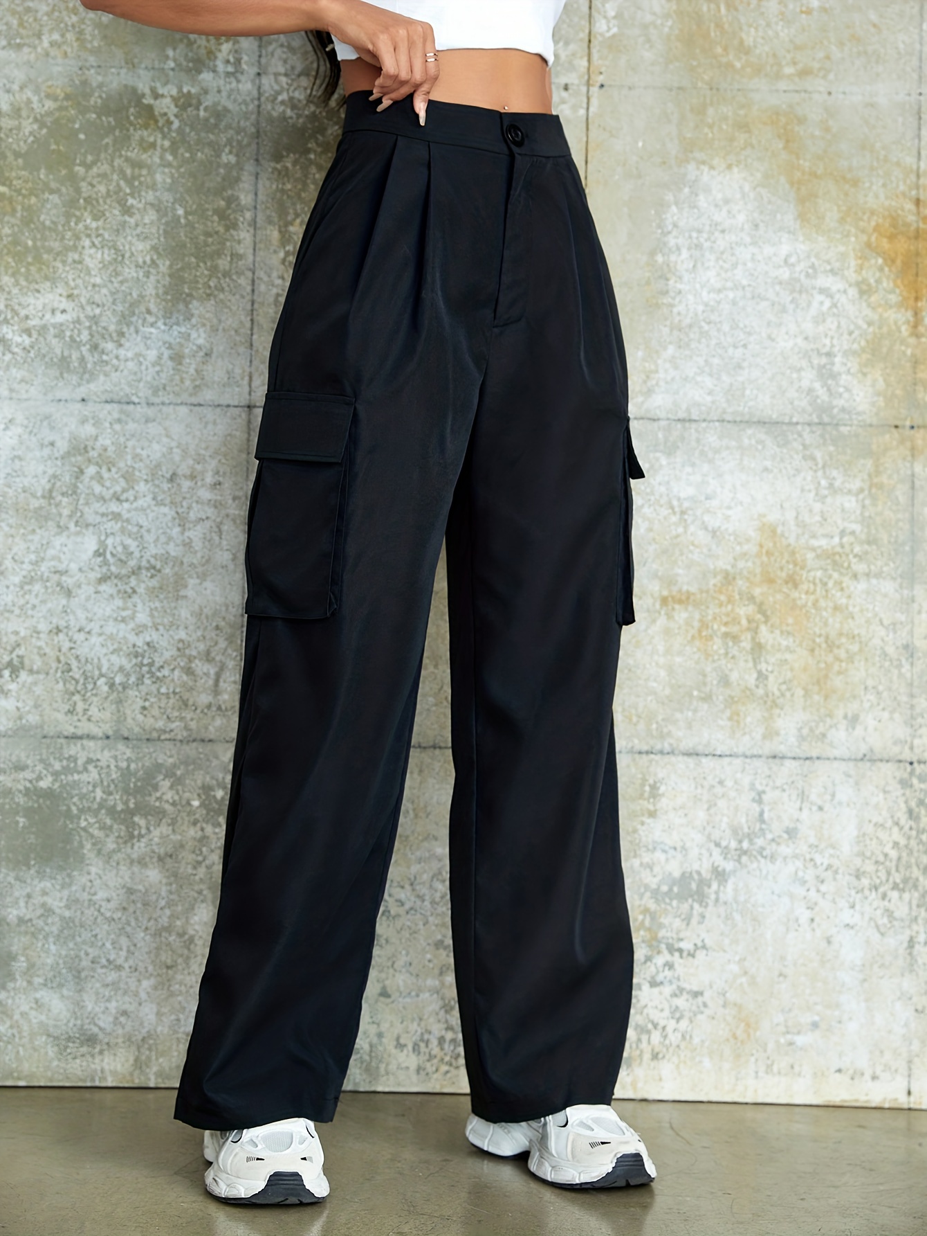 Solid Flap Pockets Wide Leg Cargo Pants Casual Drawstring - Temu