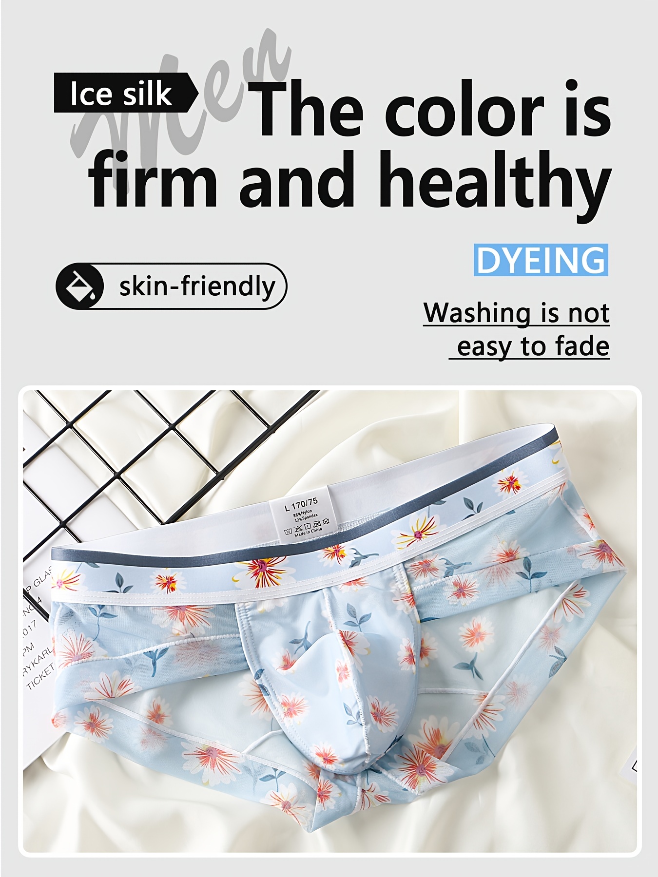 Mens Underwear Silky Boxer Briefs Floral Printed U Pouch Panties