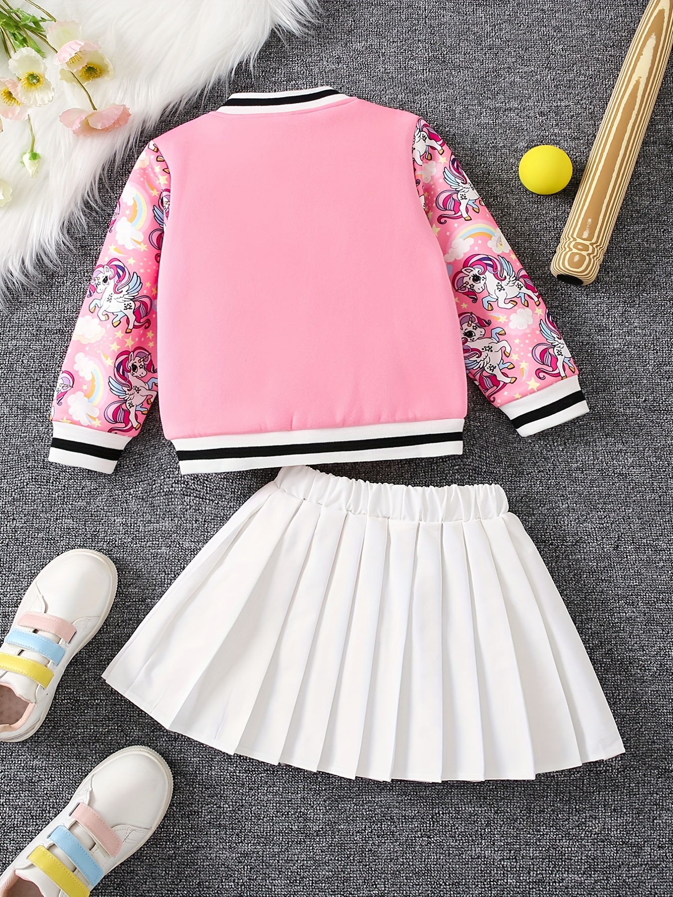 2pcs Girl's Varsity Jacket Outfit, Floral Sleeve Coat & Pleated Skirt Set, Preppy Style, Kid's Clothes for Spring Autumn,Temu