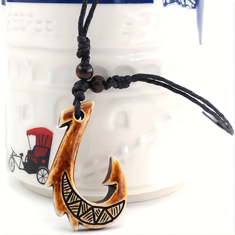 Hawaiian Jewelry Hand Carved Narrow Black Hawaiian Bone Fish Hook Pendant  From Maui Hawaii 