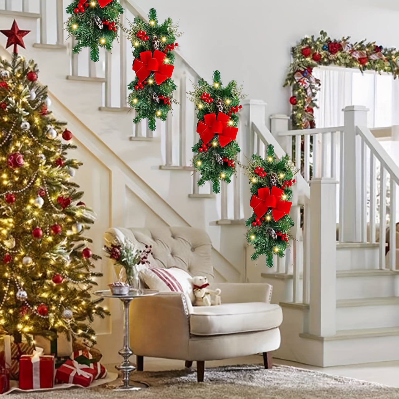 Guirlande de Noël，Guirlandes d'escalier en Forme de Noël sans Fil,  guirlandes de Noël Swag