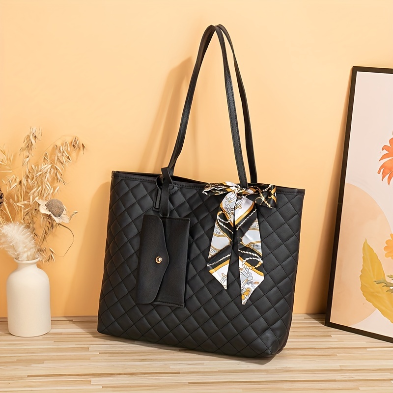 Trendy Minimalist Tote Bag, Large Capacity Shoulder Bag With Clutch Purse &  Scarf Decor - Temu