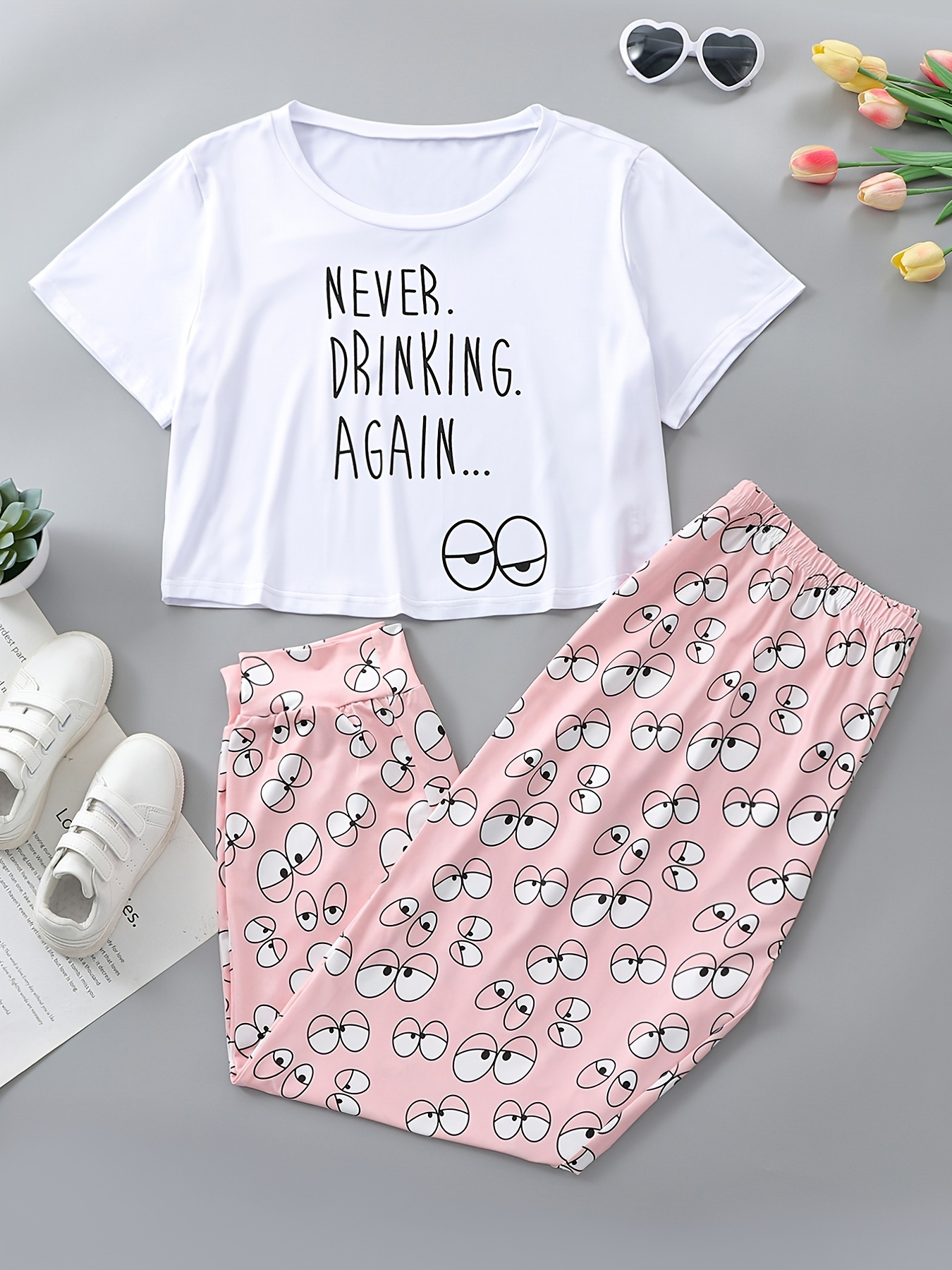 Plus Size Casual Pajamas Set, Women's Plus Letter Print Short Sleeve Tee &  Cartoon Eye Print Pants 2pcs Set