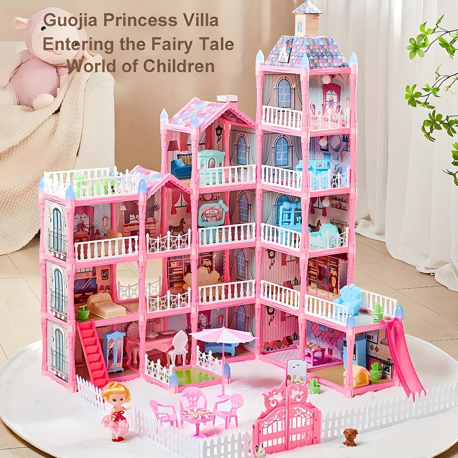 Doll House Kit,Dollhouse with Lights, Slide, Pets and Dolls, DIY Pretend  Play Building Playset Toys with Asseccories and Furniture, Princess House  for