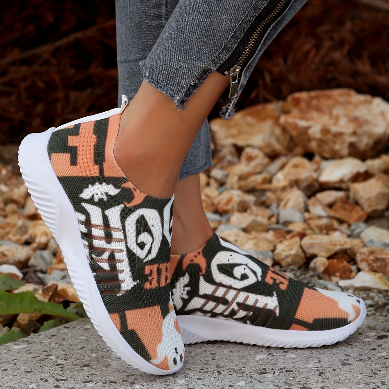 Women's Cartoon Print Knitted Sneakers, Slip On Shock Absorption Flat  Sporty Shoes, Lightweight Low-top Casual Shoes