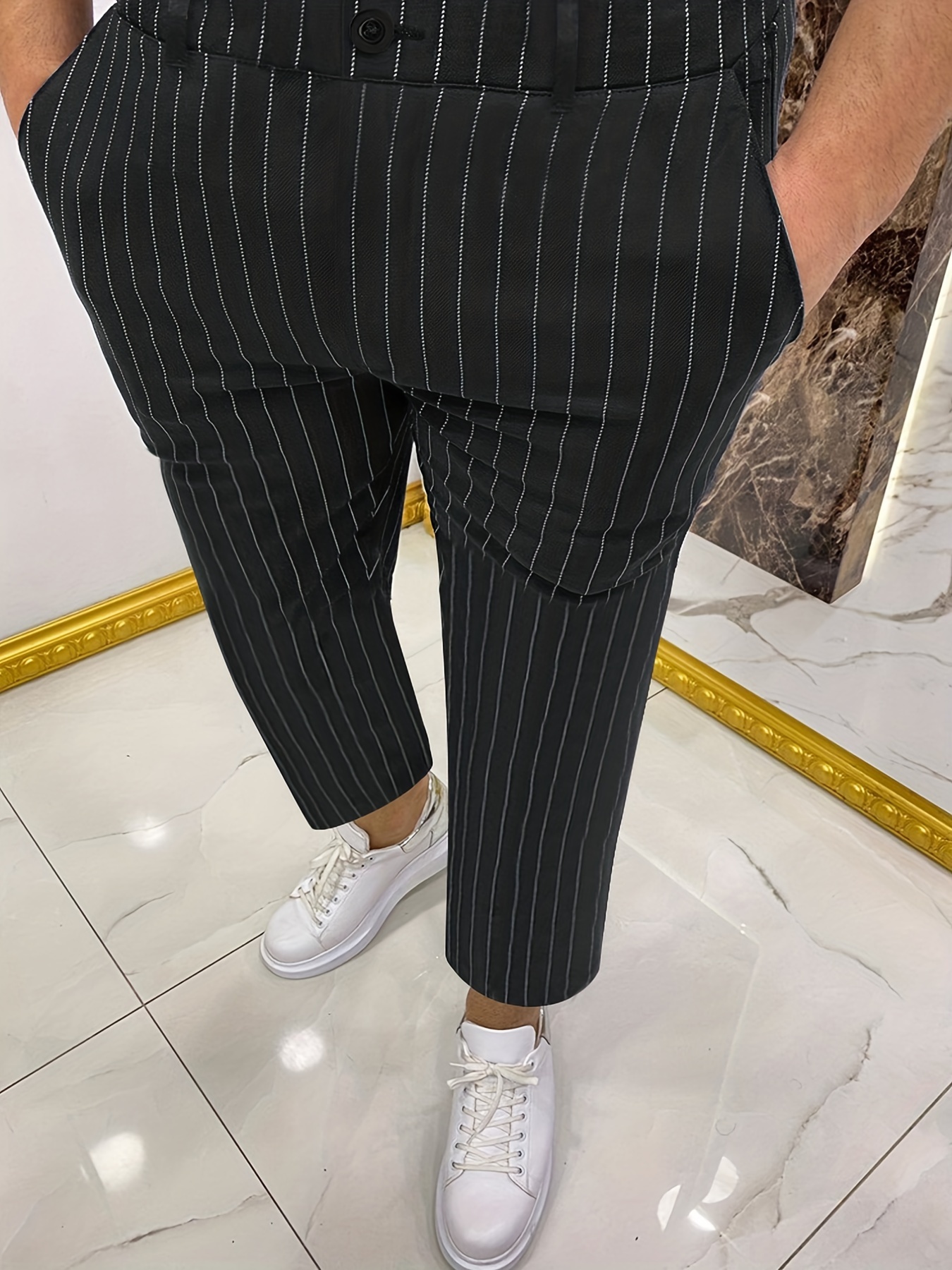 Men's Dark Striped Slim Cropped Pants Business Work Formal Stretch Suit  Trousers