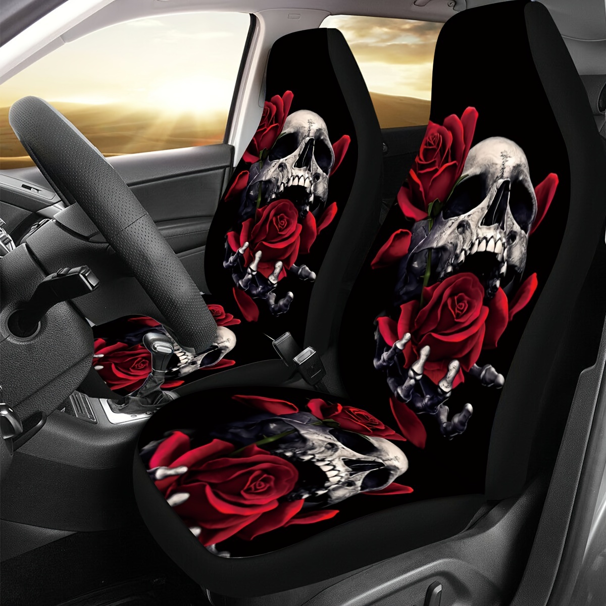 Goth Car Floor Mats, 1pc Skull Roses aesthetic Car Accessories for women