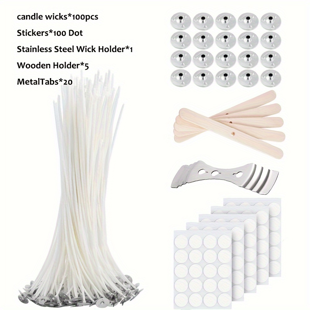 1set Premium Candle Making Supplies,100pcs Bulk Cotton Candle Wick  Pre-Waxed With 100 Dot Stickers, 5Pcs Wooden Candle Wick Centering Device,1  Stainle