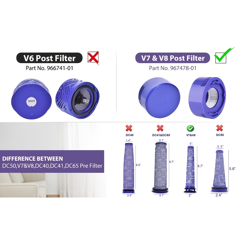 Lot de 6 filtres de remplacement pour aspirateur Dyson V7, V8 Animal et V8  Absolute sans fil, 3 post-filtres, 3 pré-filtres, compatible avec Dyson  V8+, V8, V7, comparé aux pièces 965661-01, 967478-01 