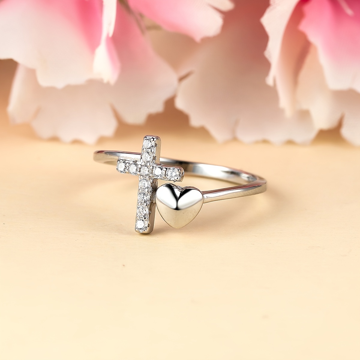 Cross Heart Finger Ring Inlaid Shiny Zircon 925 Silver Open - Temu