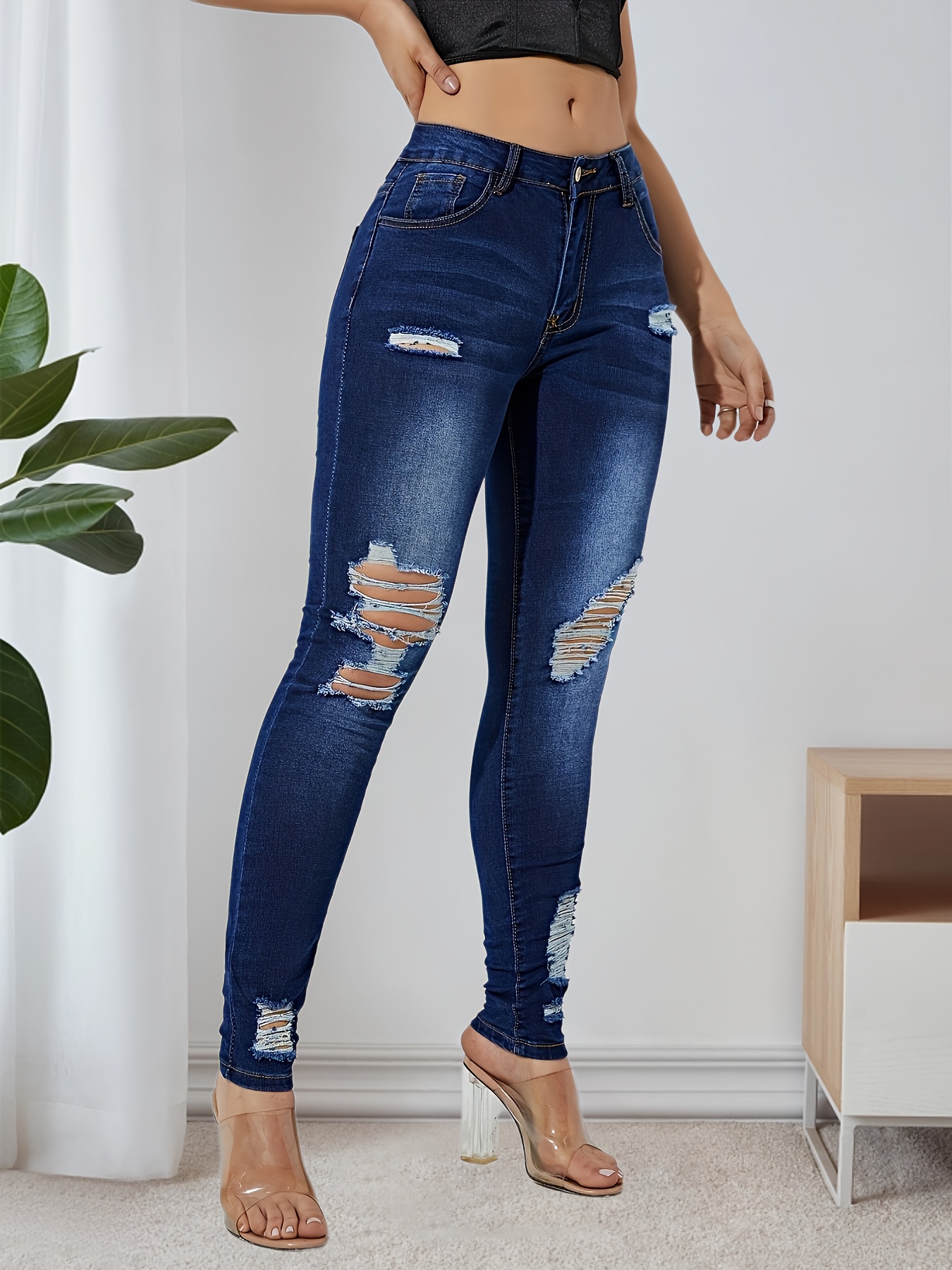 Jeans Flare De Cintura Alta * Bolsos Inclinados De Estiramento Alto Slim  Fit Bell Bottom Jeans, Jeans Femininos E Roupas