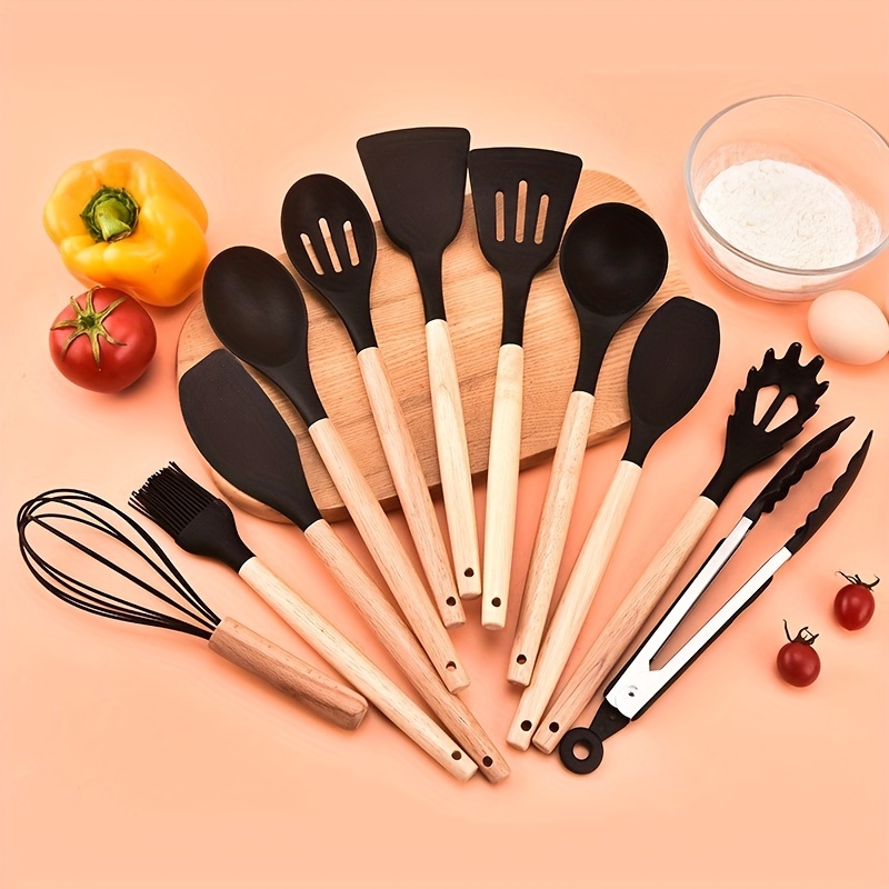 Silicone Utensil Set, Kitchen Utensil Set, Safety Cooking Utensils Set With  Storage Bucket, Non-stick Cooking Utensils Set With Wooden Handle, Washable  Modern Cookware, Kitchen Stuff, Kitchen Gadgets, Kitchen Essentials - Temu