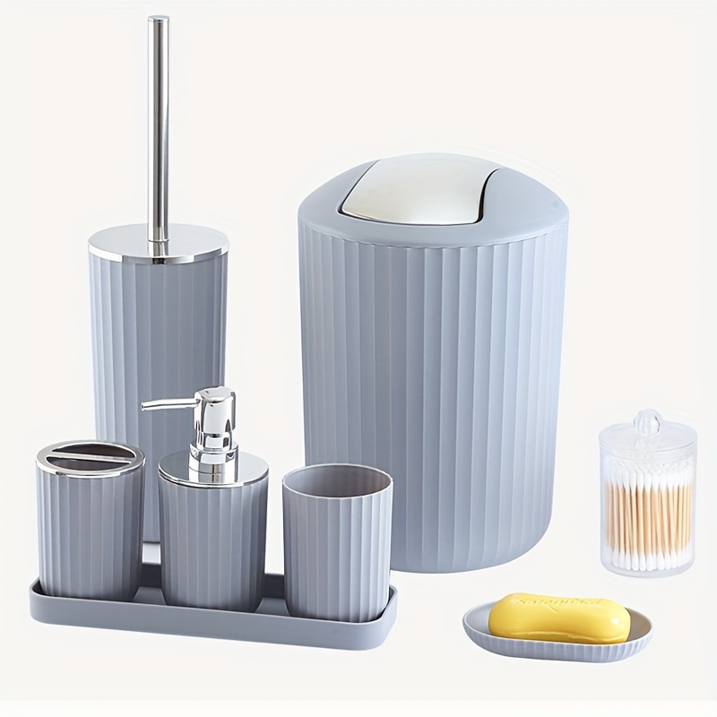 8 Pcs Blue Bathroom Accessories Set with Garbage Can, Toothbrush Holder,  Toothbrush Cup, Soap Dispenser, Soap Dish, Toilet Brush Holder, Cotton Swab  Box, Plastic Bathroom Decor Set for Home and Bathroom