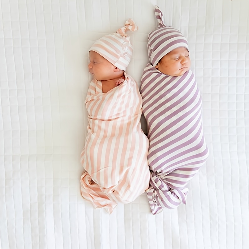 Newborn Cotton Striped Wrapping Fetal Cap and Blanket Set