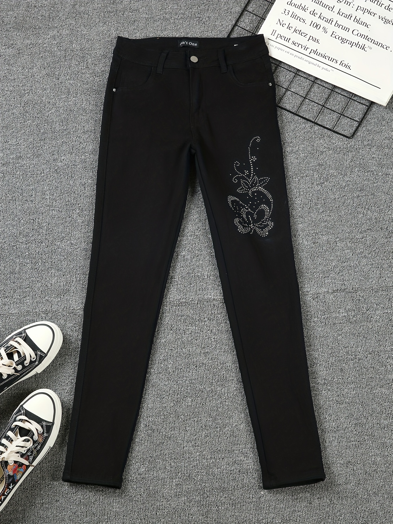 Glitter Flower Rhinestone Black Denim Pants Solid Color High - Temu United  Kingdom