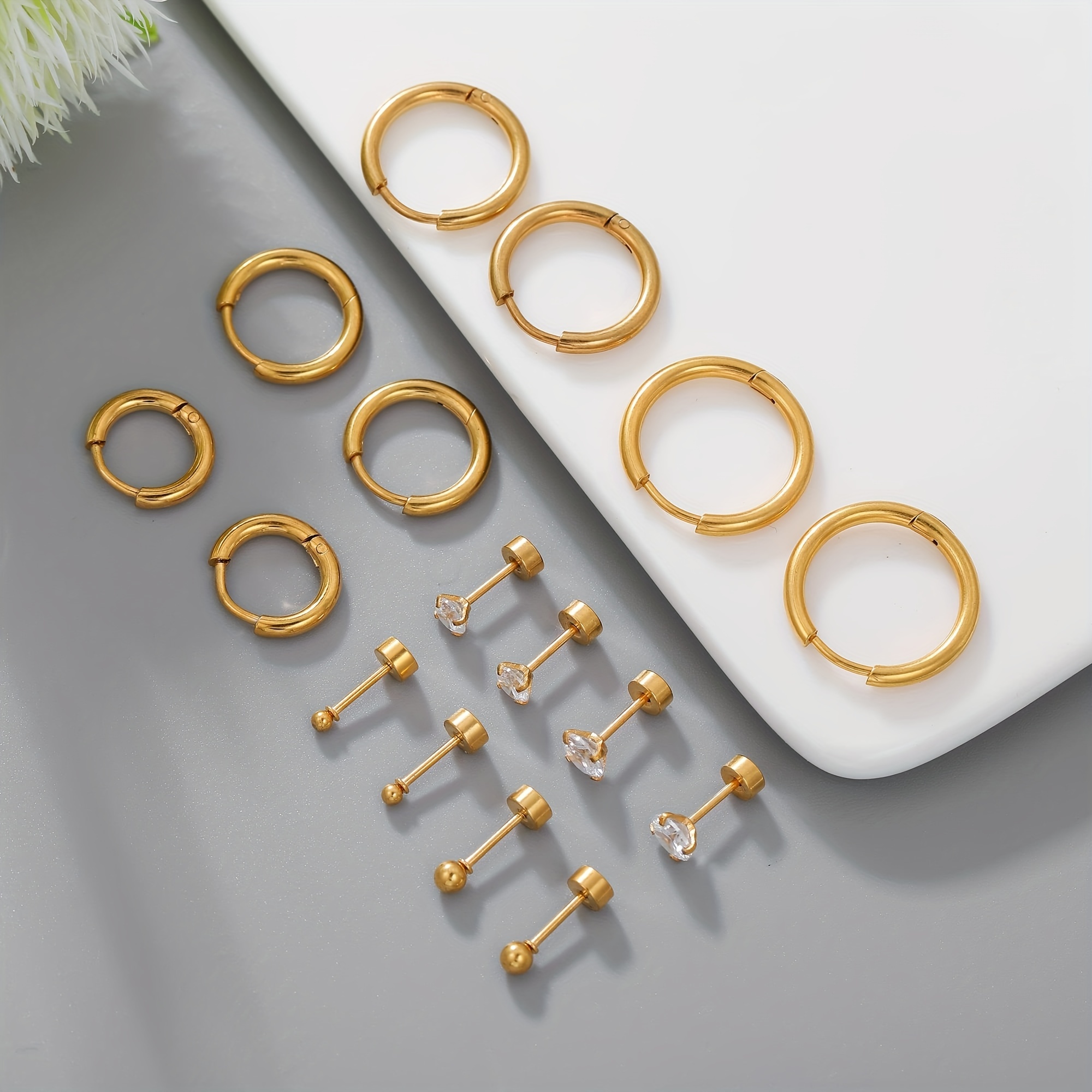 6 Pairs Hoop Earrings and Piercing Stud Earring Sets , Lightweight 14K Gold Plated Small Hoop Earrings, Classical Cute Tiny Ball Flat Back Nap
