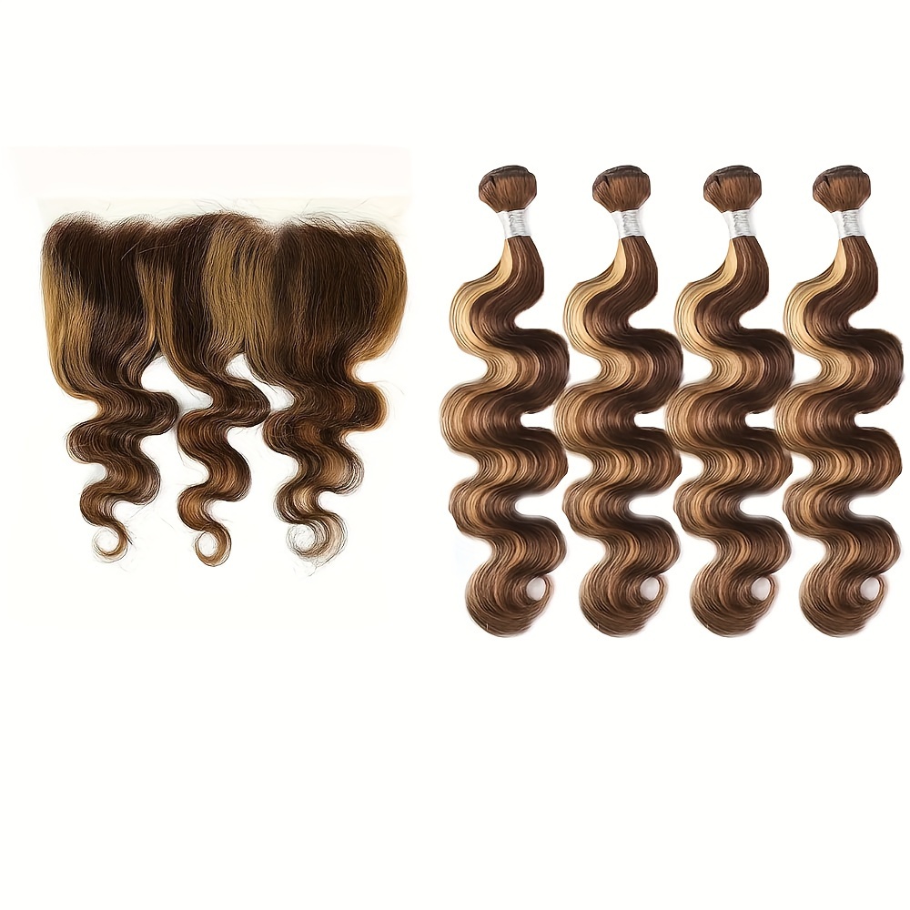 

Human Hair Body Wave Highlight Bundles With Frontal 4 Bundles With 13x4 Transparent Lace Frontal P4/27 Color