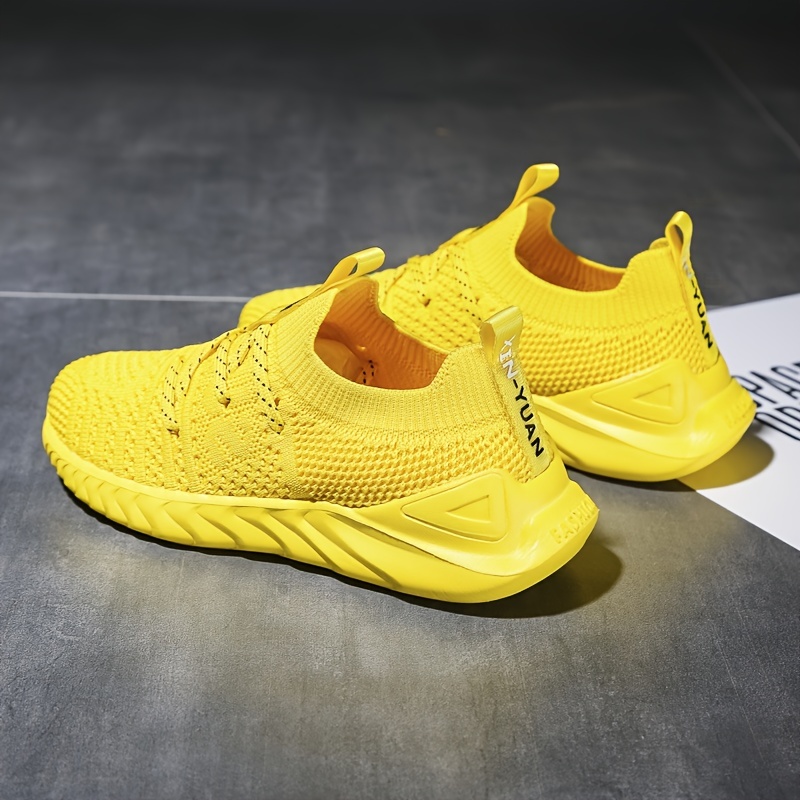 boys casual simple woven knit sneakers lace up breathable lightweight walking shoes for outdoor sports yellow details 2