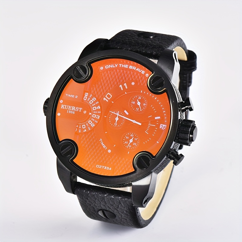 Men's Dual Time Zone Large Dial Quartz Watch With Leather - Temu