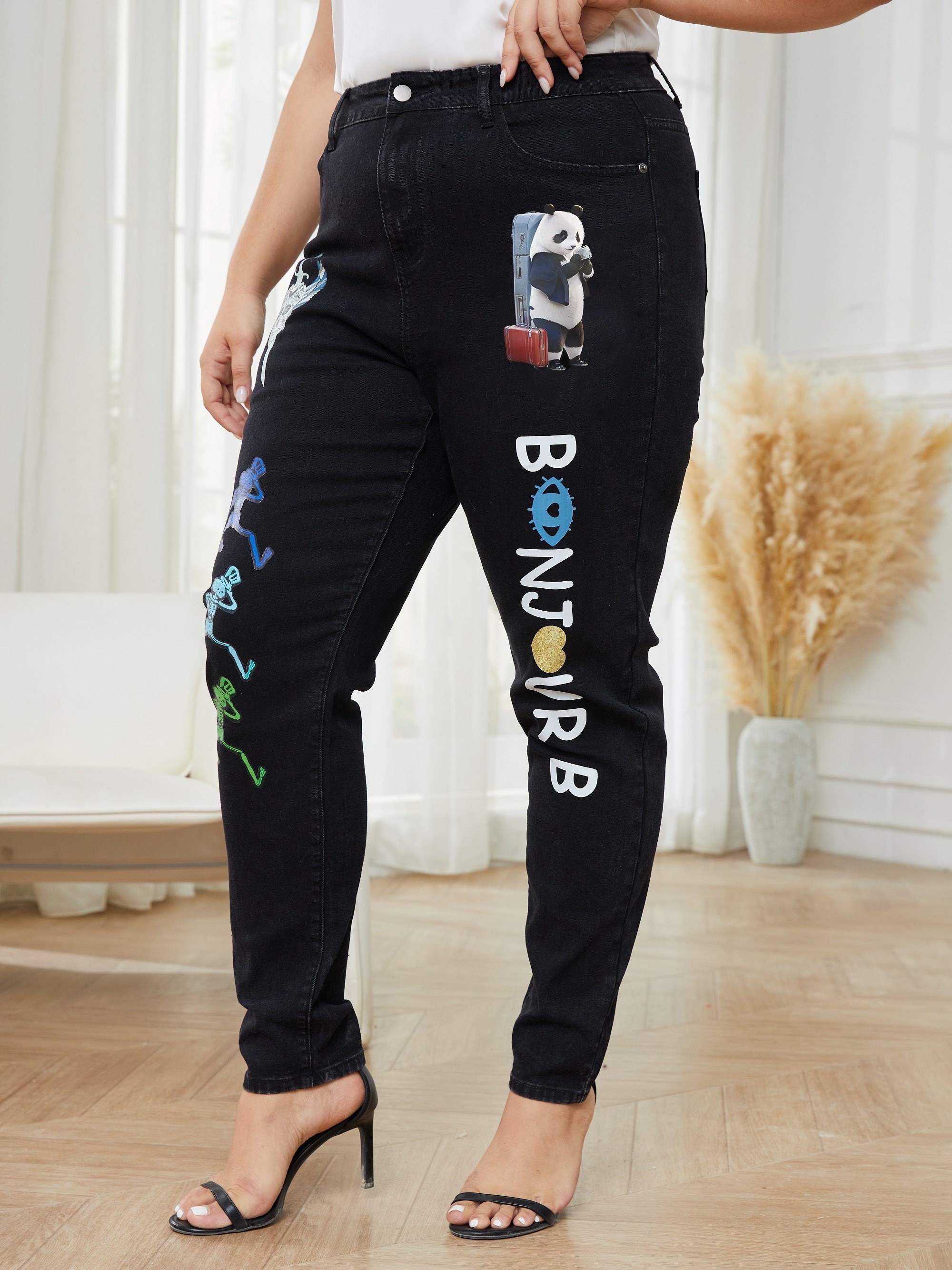 Plus Size Casual Jeans Women's Plus Graphic Print Button Fly - Temu Canada