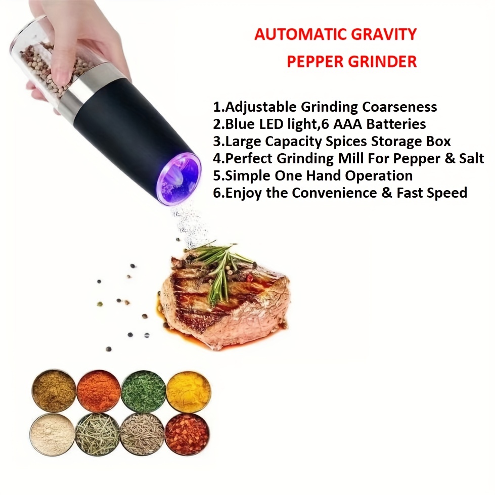 1-4pcs Gravity Electric Pepper Mill Adjustable Salt Grinder Shaker w/ Blue  Light