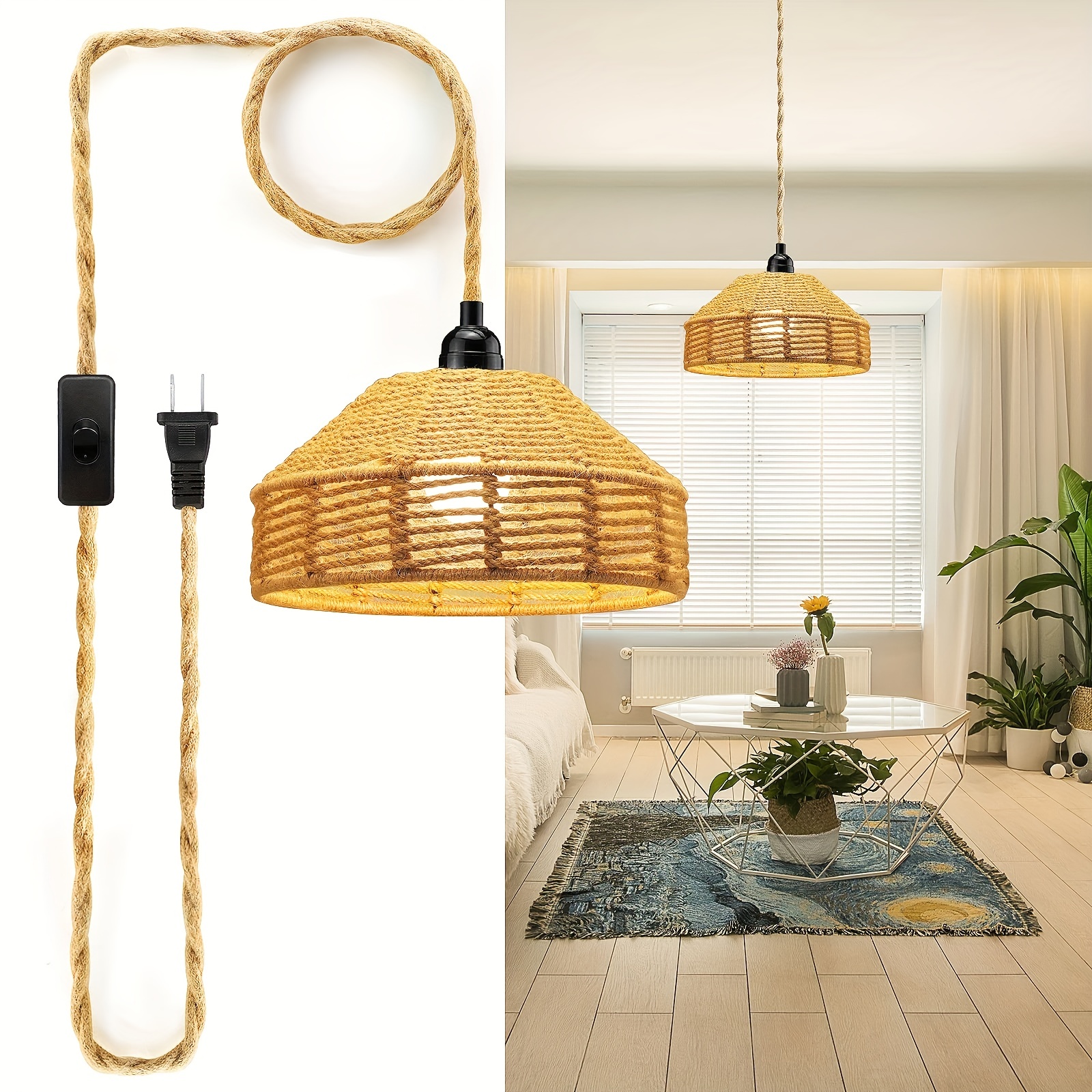 1pc Plug-in Pendant Light, Hand-woven Bamboo Lampshade With 15-foot Hemp  Rope, Switch, Rattan Pendant Light With Plug-in Wire, Living Room Kitchen  Plu