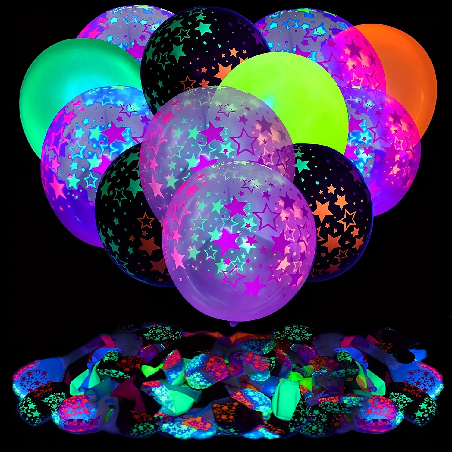 Ballons fluorescents phosphorescents avec étoiles, 100 pièces, fluorescents,  phosphorescents, lumière UV, pour fête, anniversaire, mariage, enfants -  AliExpress