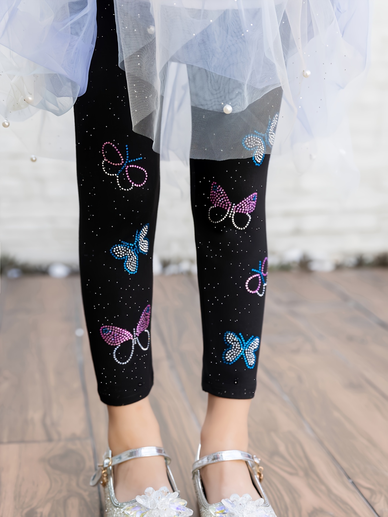 Kid Girl Butterfly Embroidered Lace Design Elasticized Leggings