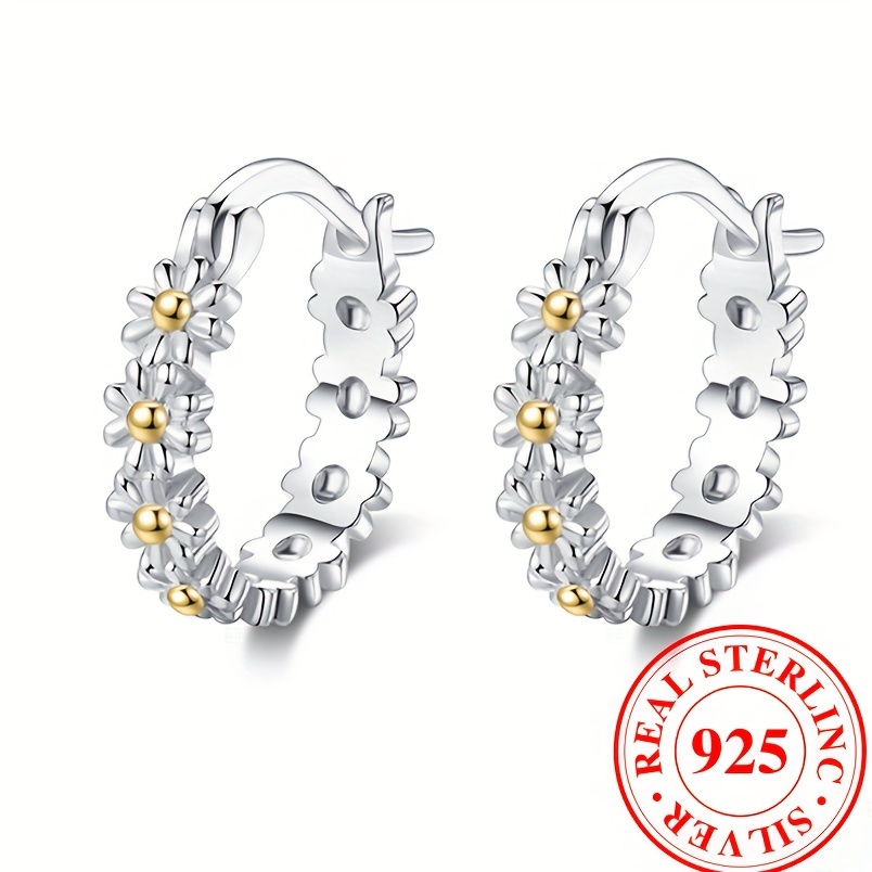 

Exquisite 925 Sterling Silver Hypoallergenic Hoop Earrings With Daisy Design Elegant Simple Style For Women Daily Jewelry Female Gift