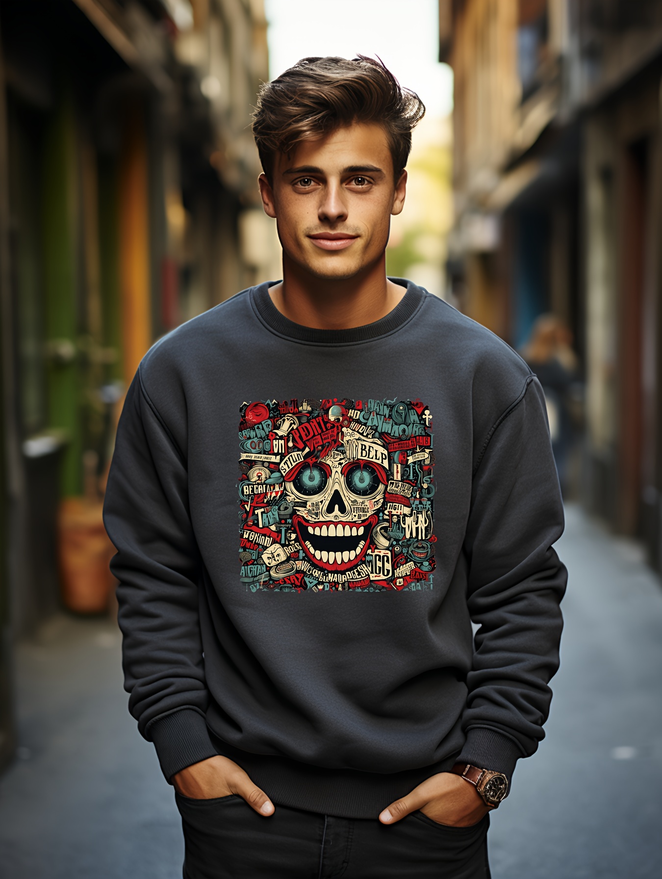 Skull Print Sweat shirt À Col Rond Pour Homme Pull Ample - Temu France