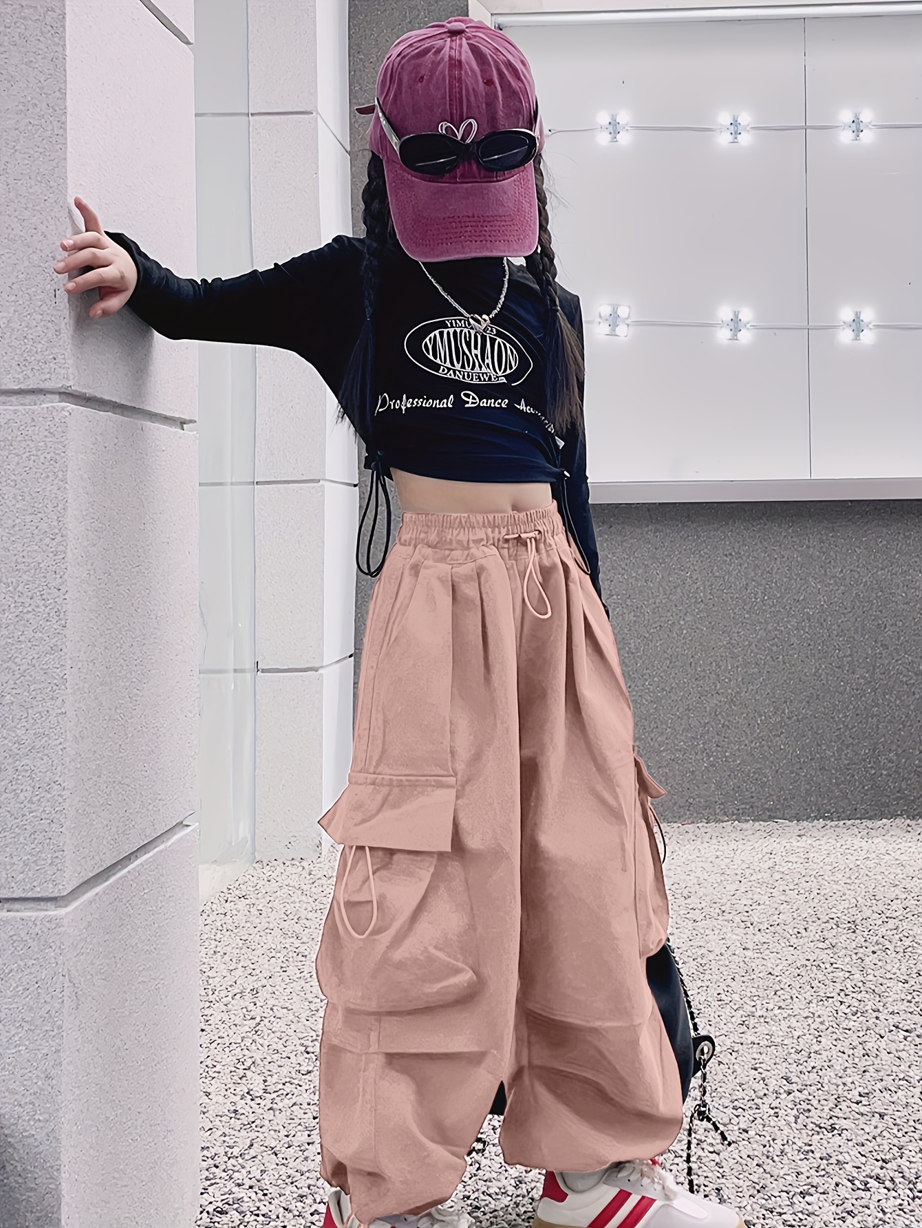 Girls Funky Side Pockets Solid Versatile Loose Cargo Pants - Temu