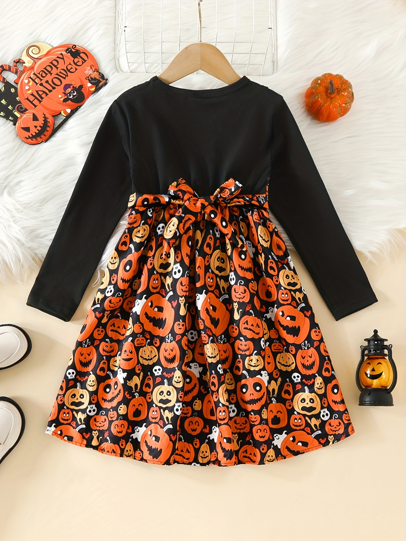 Girls' Halloween Ghosts Long Sleeve Dress