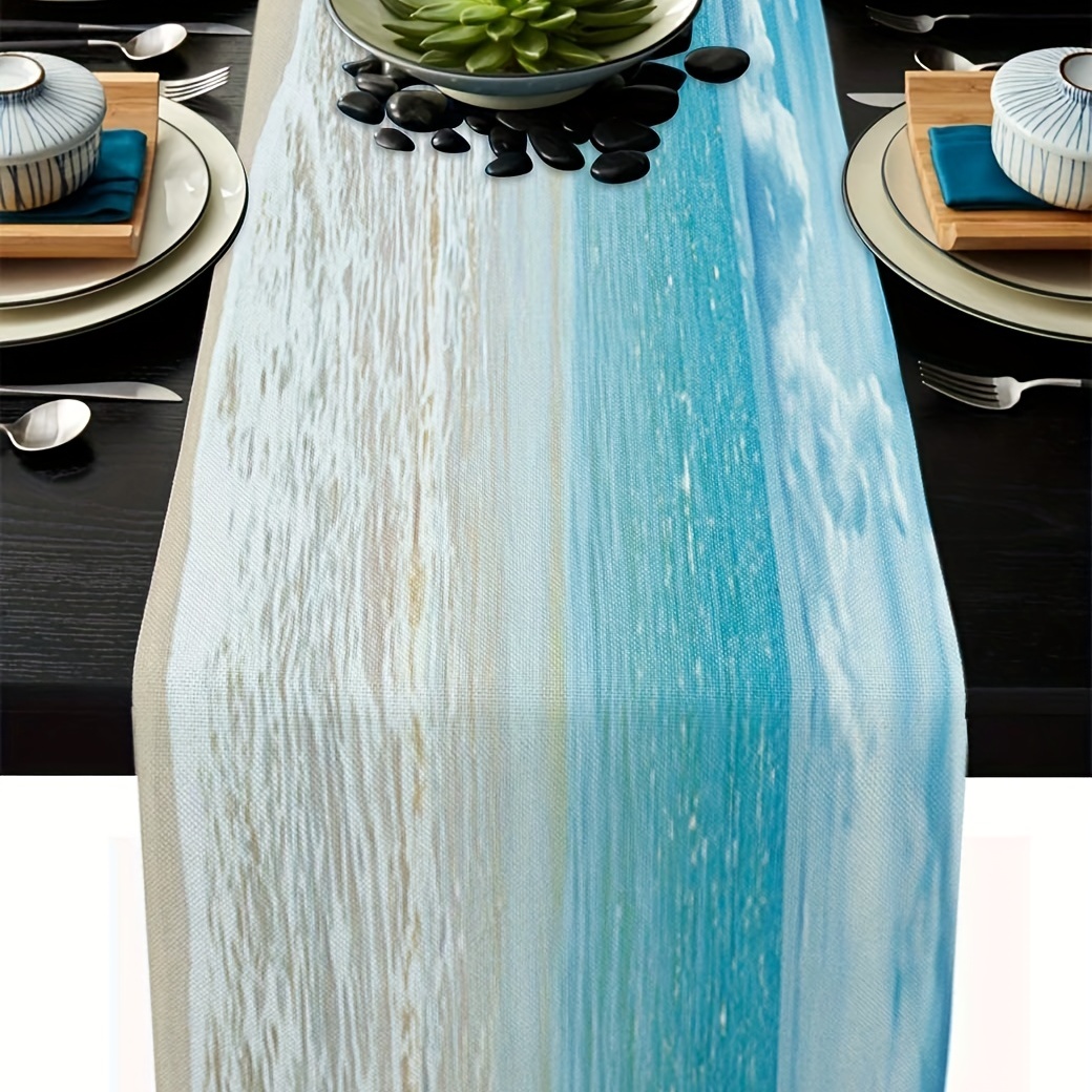 

1pc, Long Tropical Ocean Beach Sea Water Table Runner For Family Dinner, Wedding, And Outdoor Indoor Party - Cotton-polyester Blend Dresser Scarf Table Decor