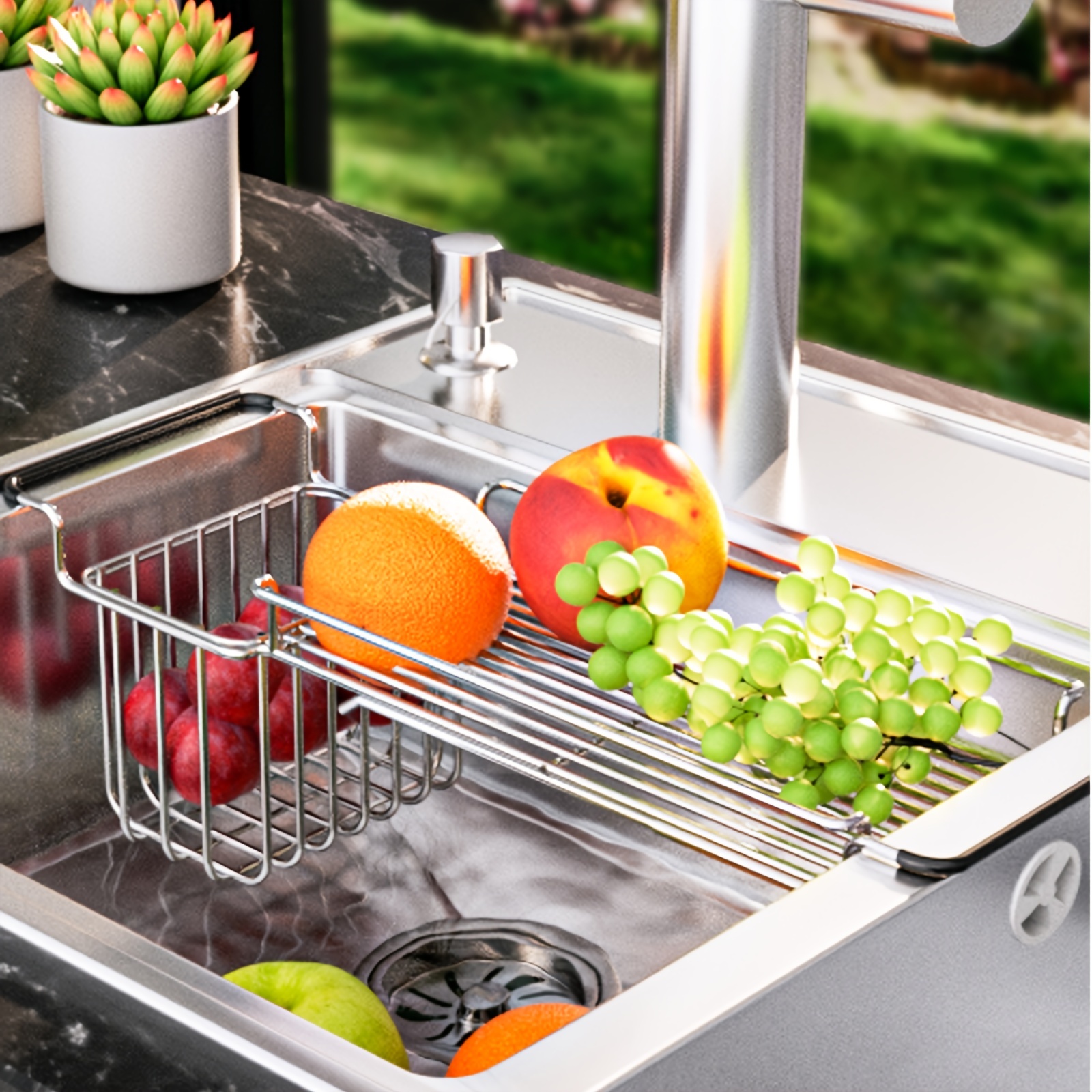 1pc Stainless Steel Kitchen Sink Storage Rack, With Full