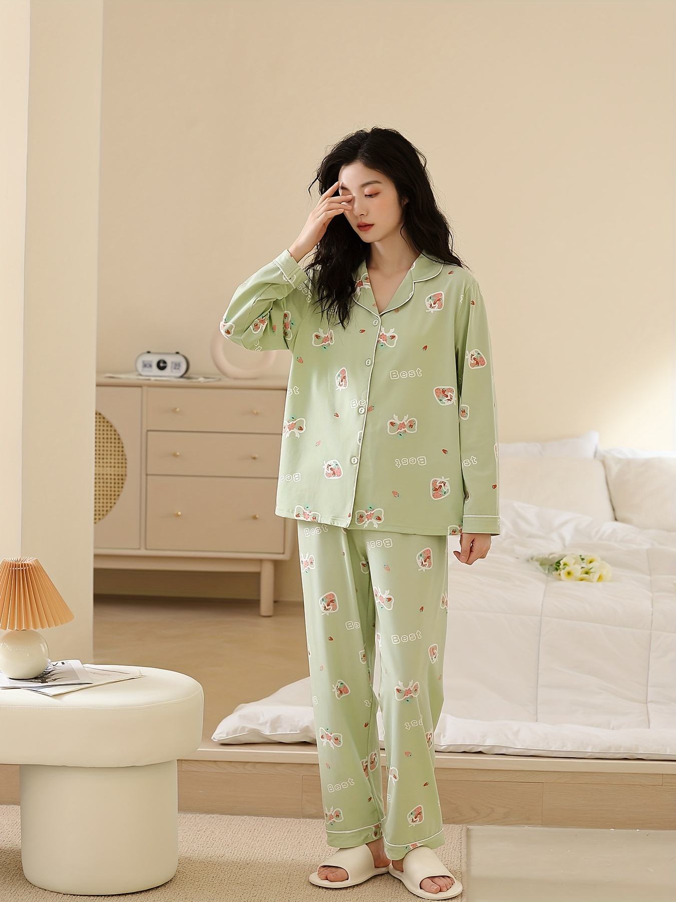 Printed Strawberry Floral Fruit Pajama Set For Women Lounge